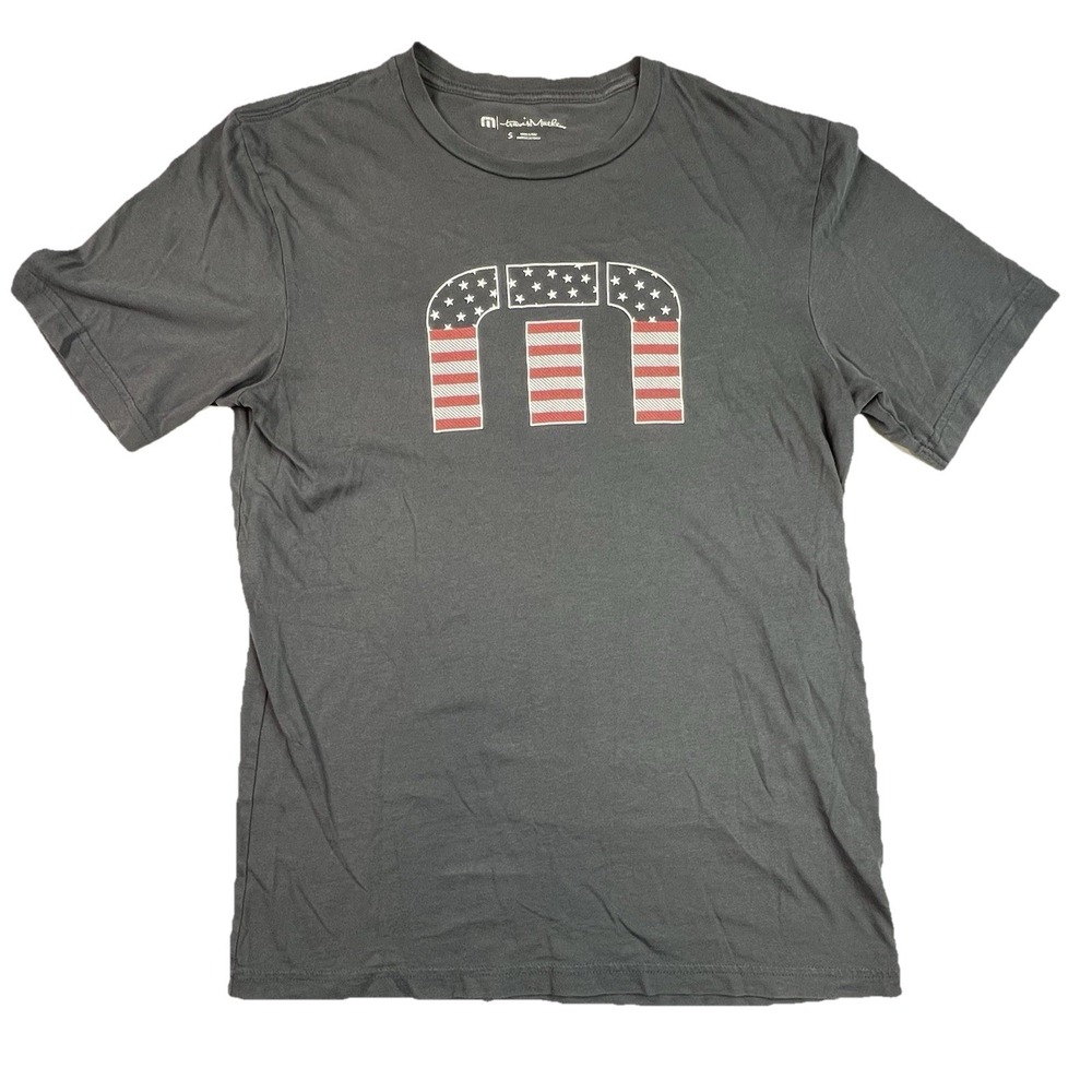 Travis Mathew T-Shirt Mens Small Dark Gray American Flag Stars Stripes‎ Logo